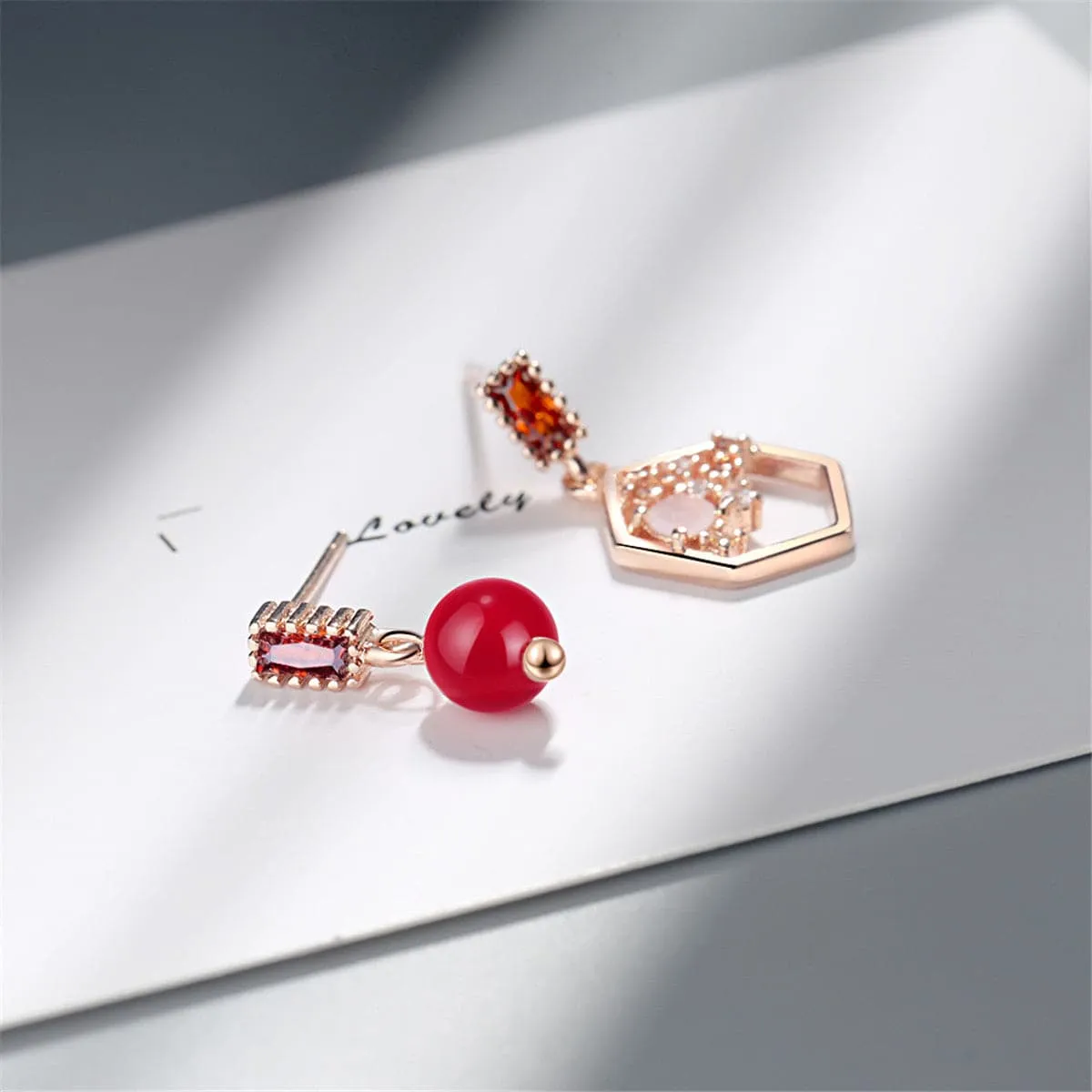 Cubic Zirconia & Red Pearl 18K Rose Gold-Plated Mismatched Drop Earrings