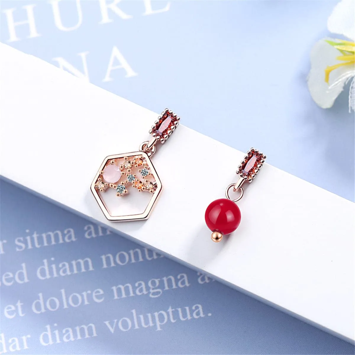 Cubic Zirconia & Red Pearl 18K Rose Gold-Plated Mismatched Drop Earrings