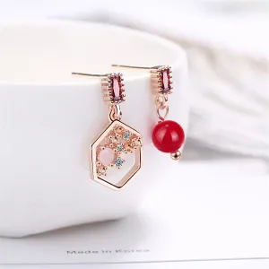 Cubic Zirconia & Red Pearl 18K Rose Gold-Plated Mismatched Drop Earrings