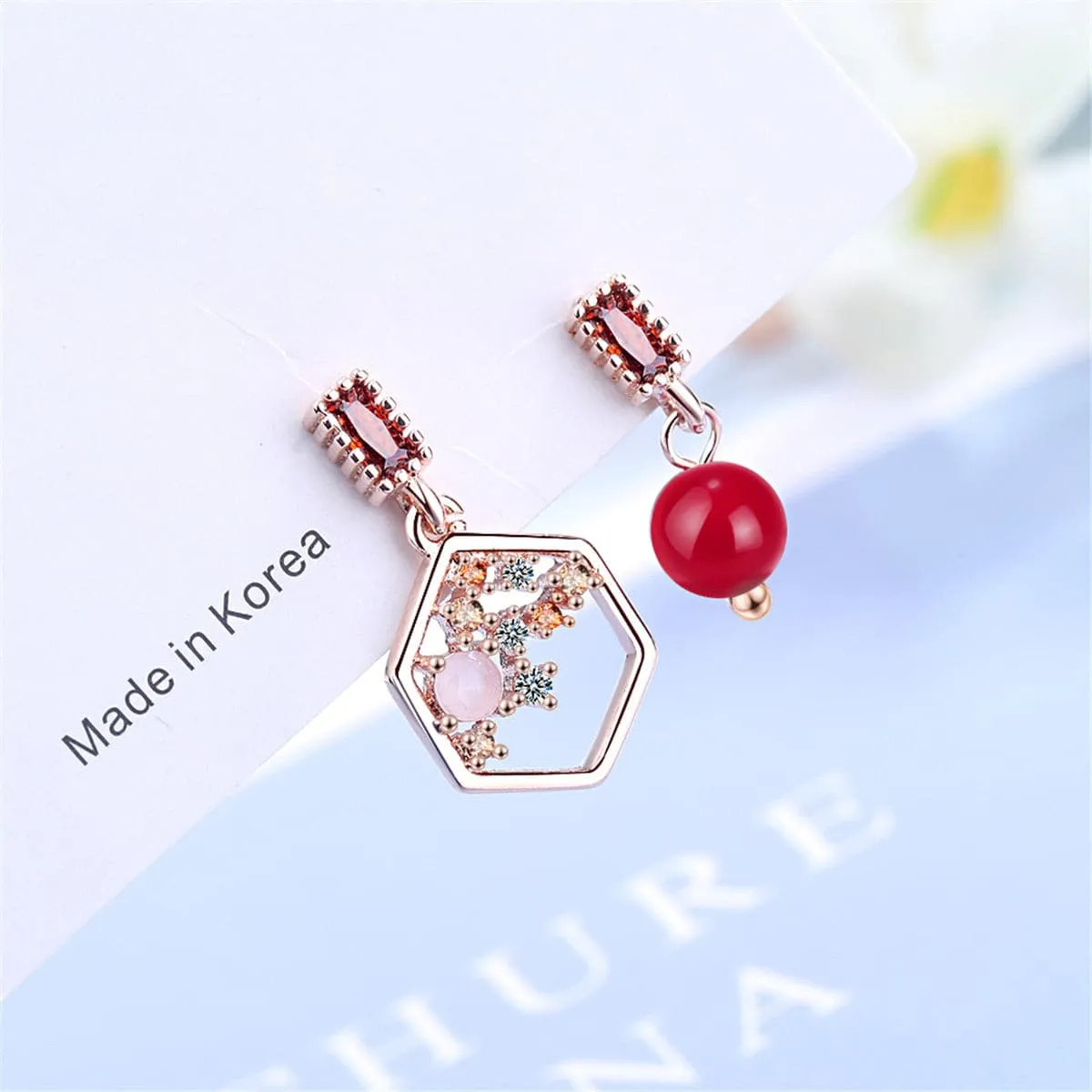Cubic Zirconia & Red Pearl 18K Rose Gold-Plated Mismatched Drop Earrings
