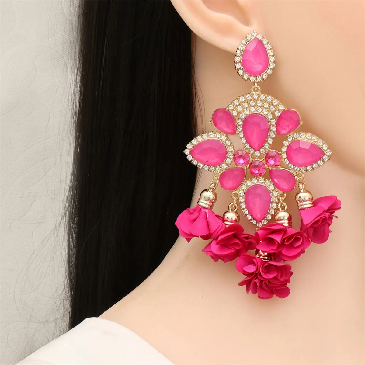 Cubic Zirconia & Rose Crystal Floral Pear Chandelier Drop Earrings