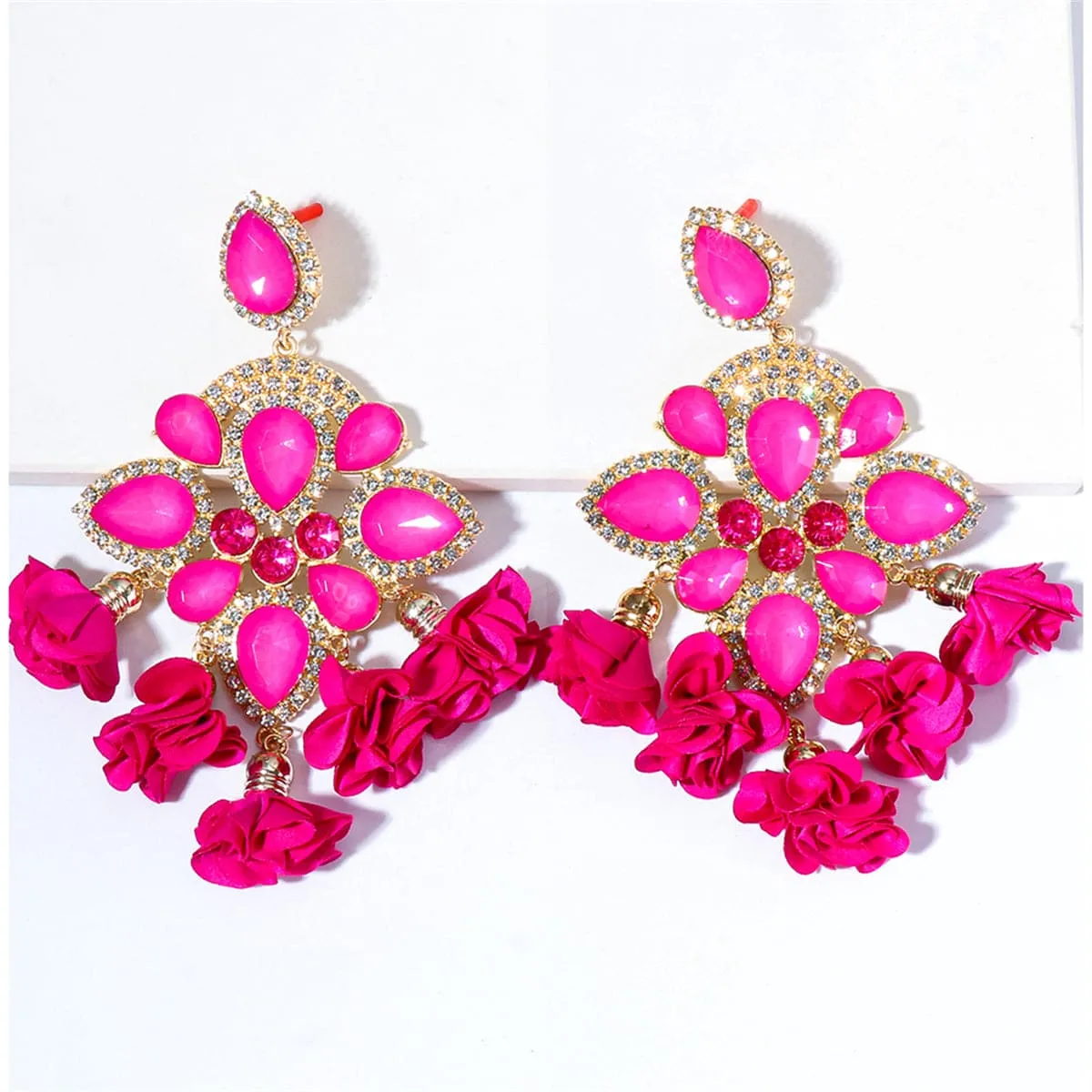 Cubic Zirconia & Rose Crystal Floral Pear Chandelier Drop Earrings