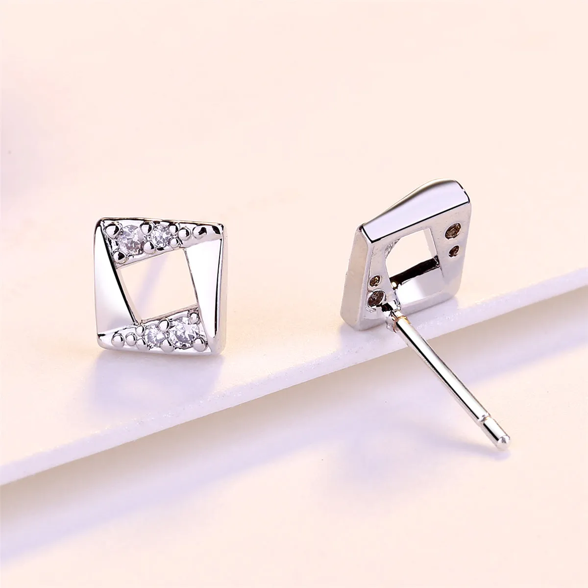 Cubic Zirconia & Silver-Plated Asymmetrical Rhombus Stud Earrings