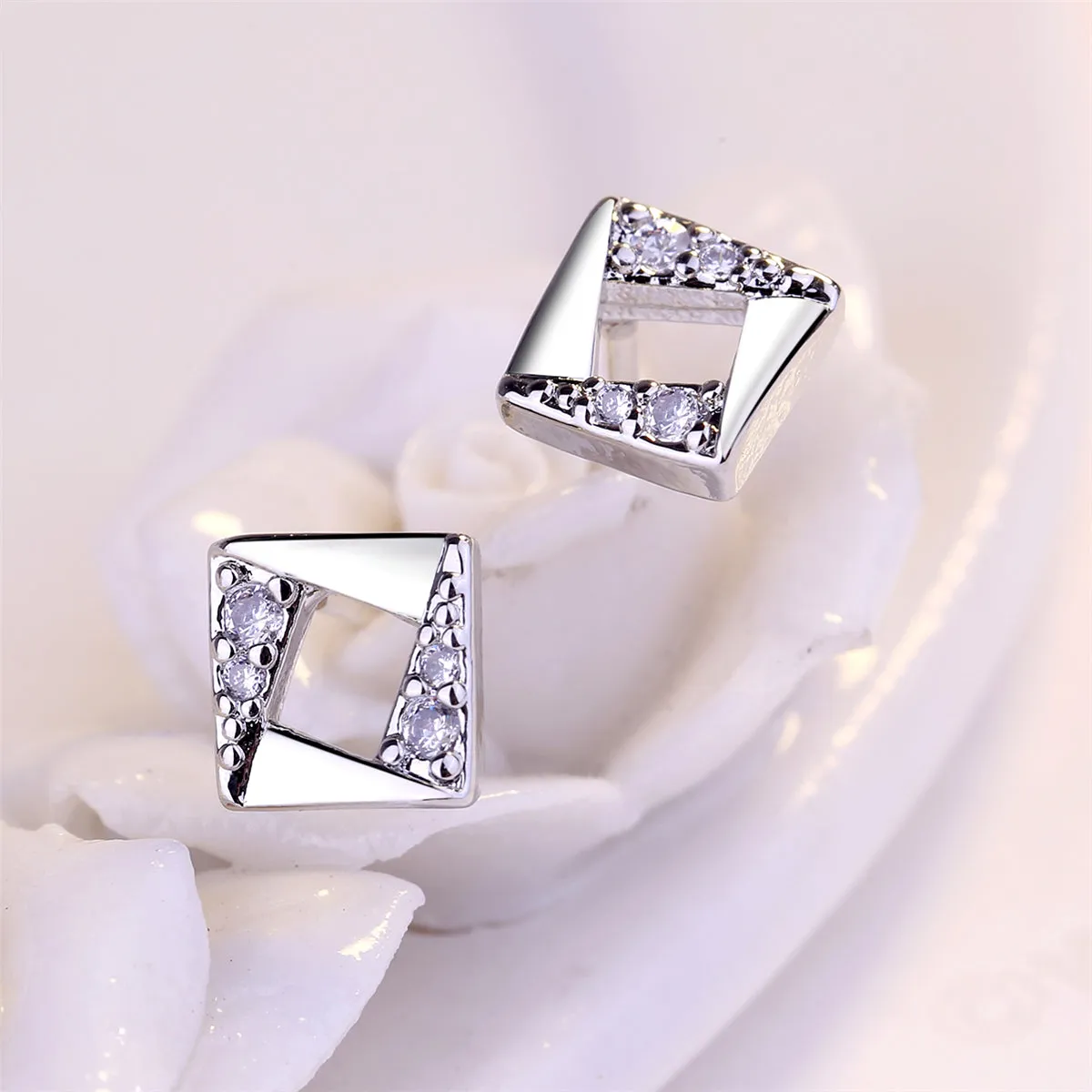 Cubic Zirconia & Silver-Plated Asymmetrical Rhombus Stud Earrings