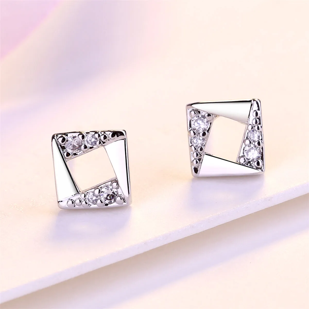 Cubic Zirconia & Silver-Plated Asymmetrical Rhombus Stud Earrings