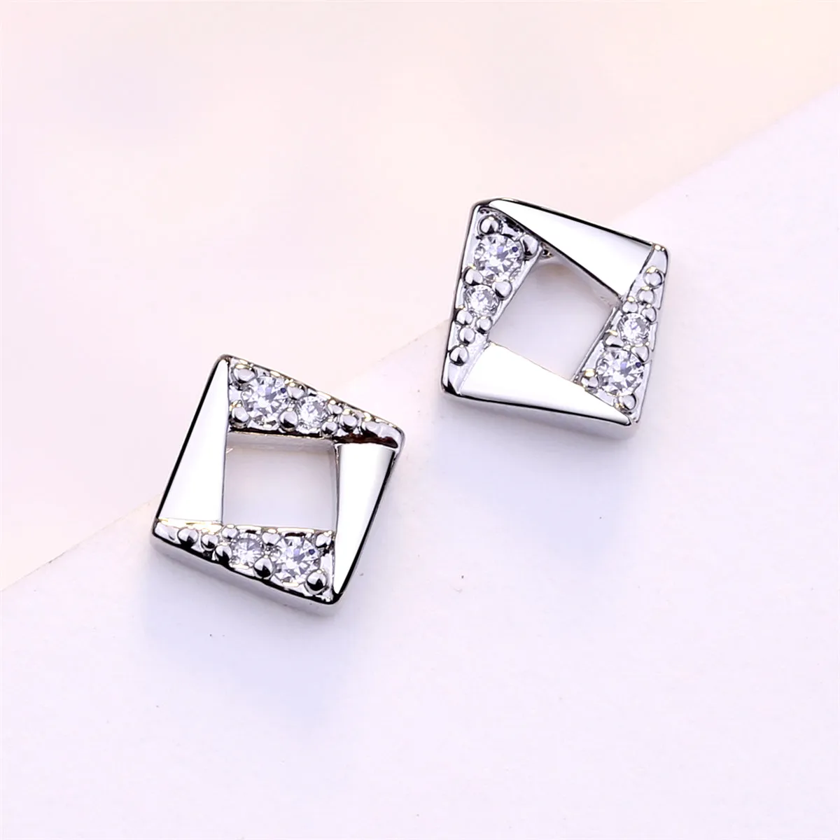 Cubic Zirconia & Silver-Plated Asymmetrical Rhombus Stud Earrings