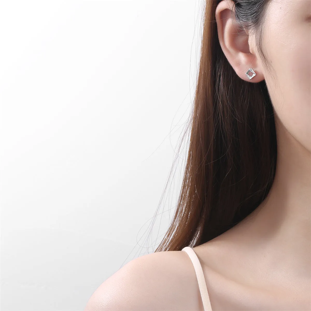 Cubic Zirconia & Silver-Plated Asymmetrical Rhombus Stud Earrings