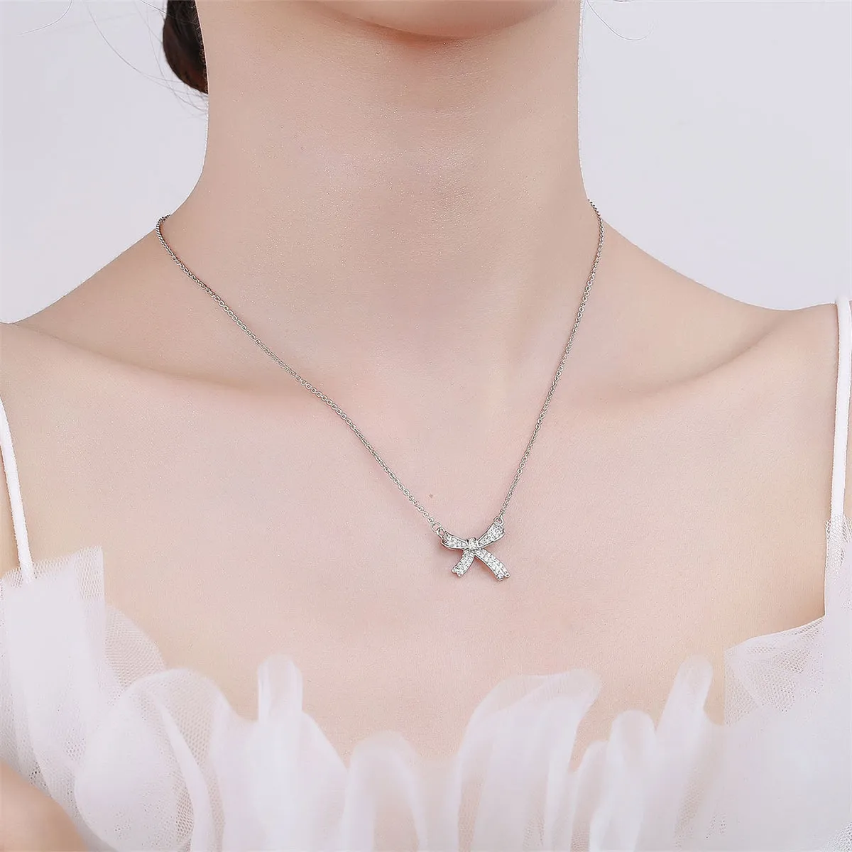 Cubic Zirconia & Silver-Plated Bow Pendant Necklace