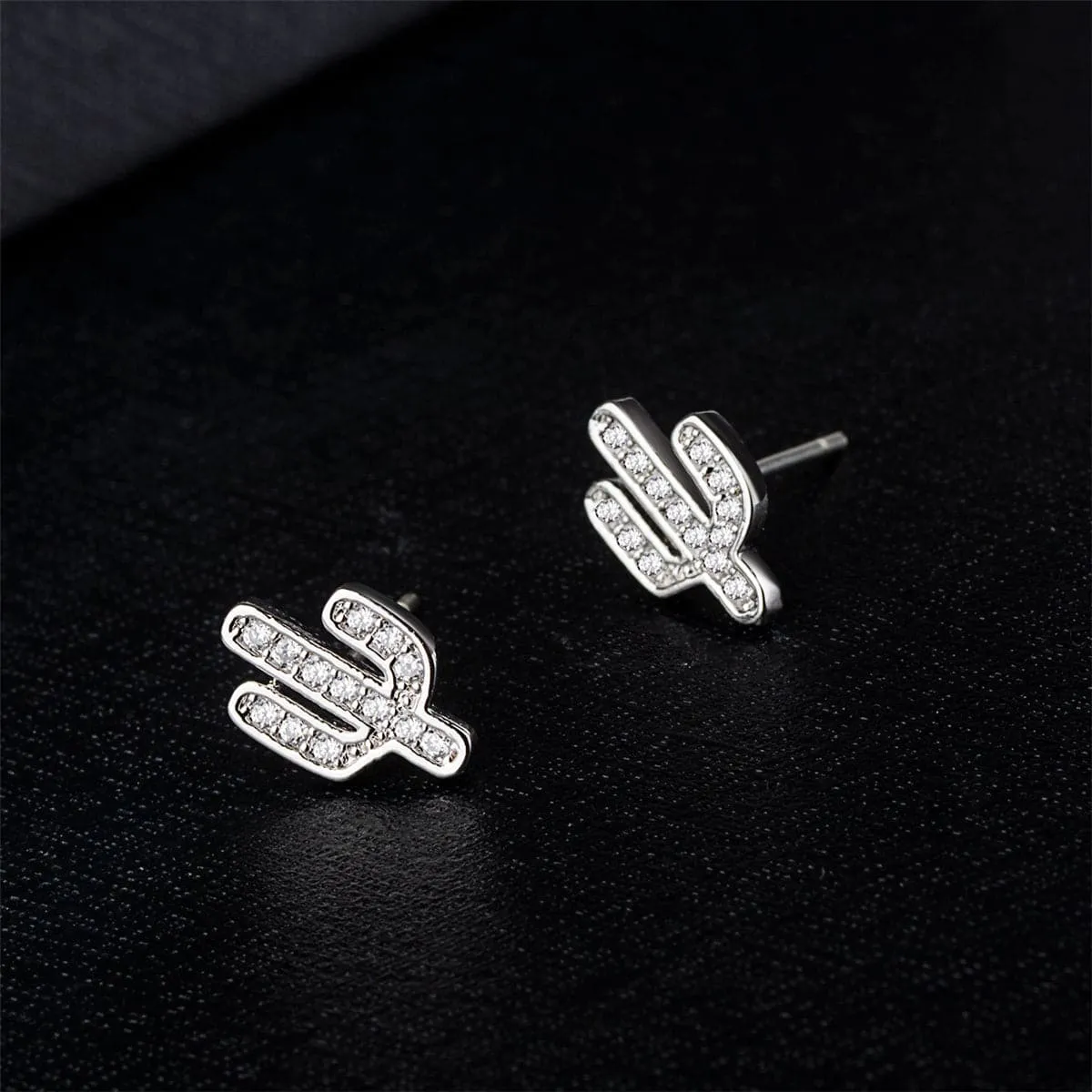 Cubic Zirconia & Silver-Plated Cactus Stud Earrings