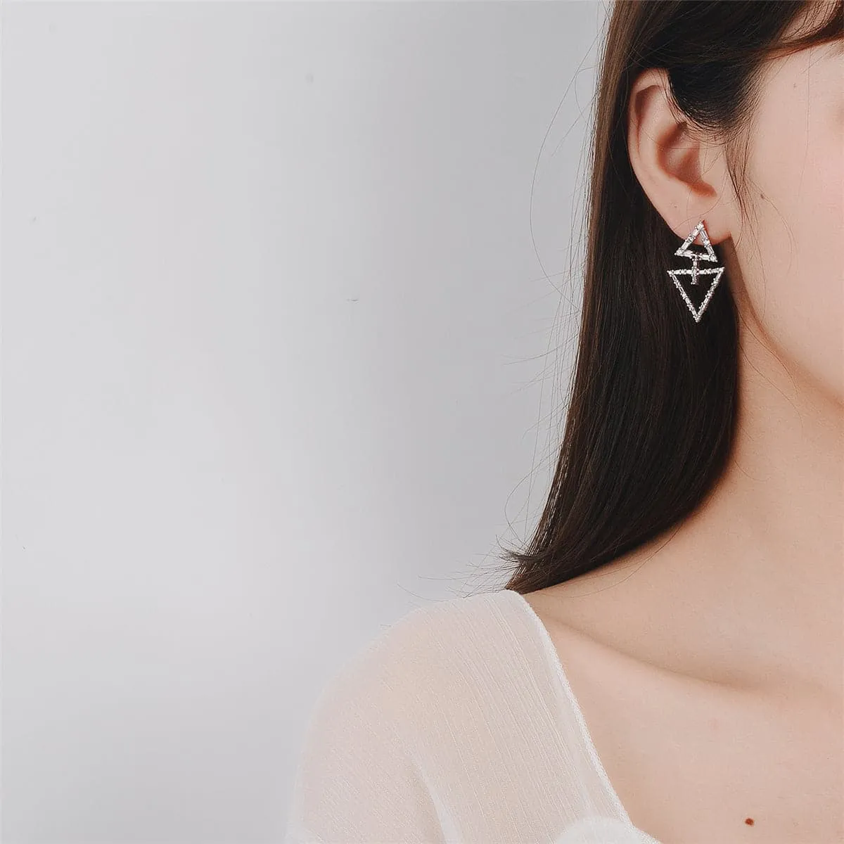 Cubic Zirconia & Silver-Plated Double Triangle Drop Earrings