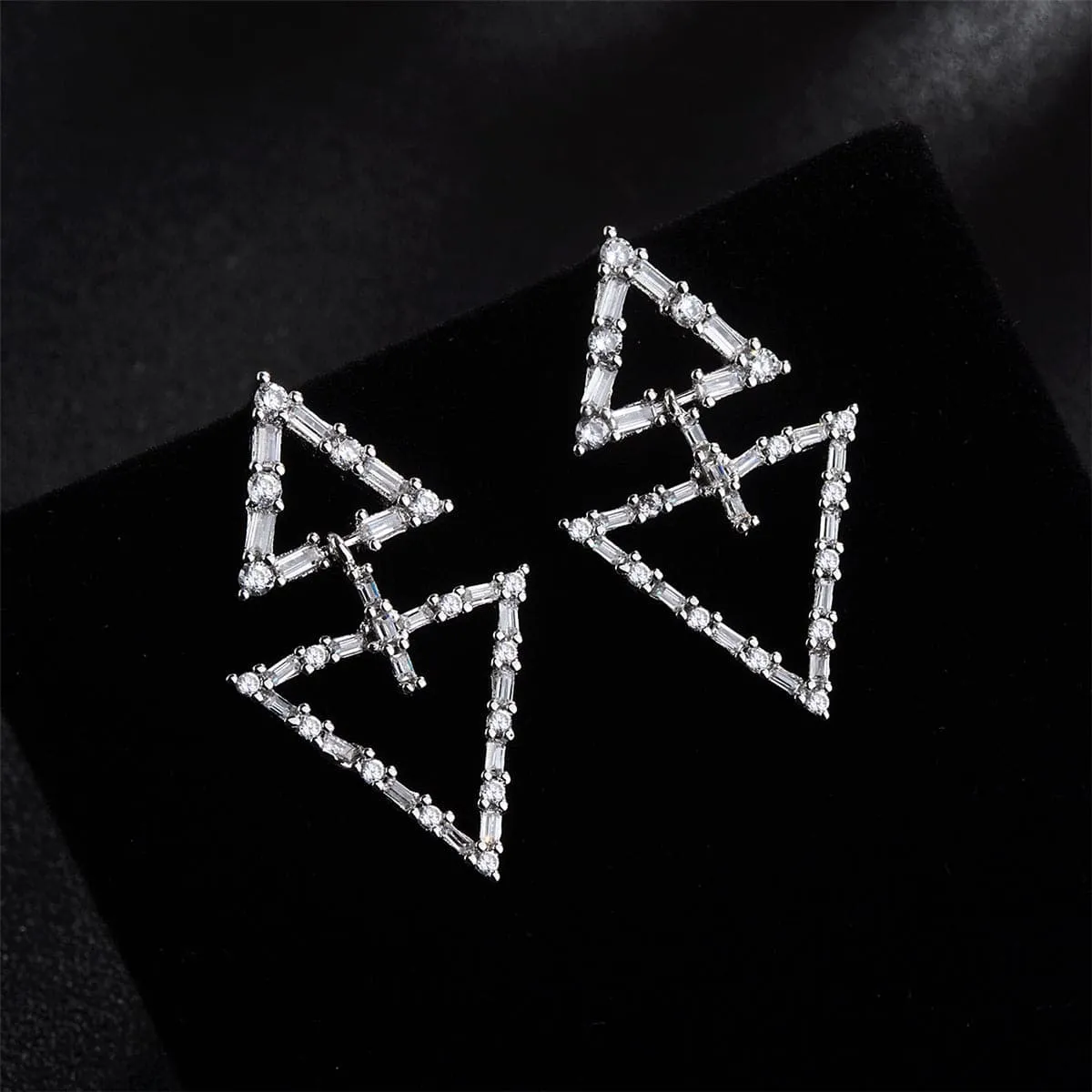 Cubic Zirconia & Silver-Plated Double Triangle Drop Earrings