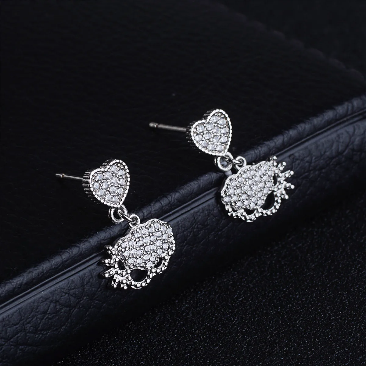 Cubic Zirconia & Silver-Plated Heart Charm Drop Earrings