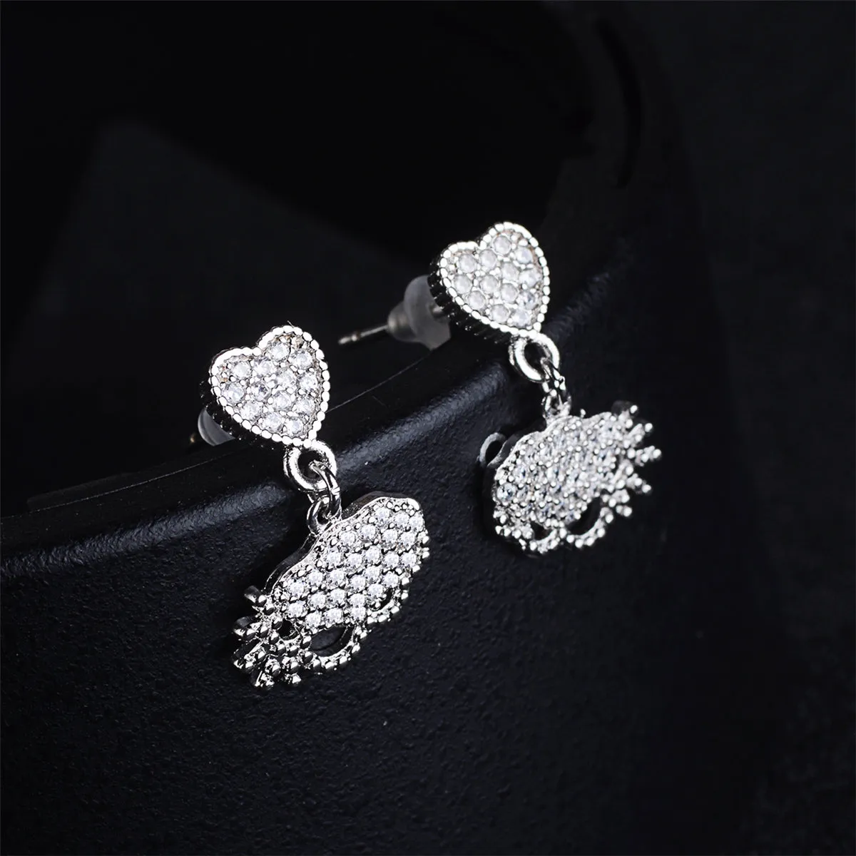 Cubic Zirconia & Silver-Plated Heart Charm Drop Earrings