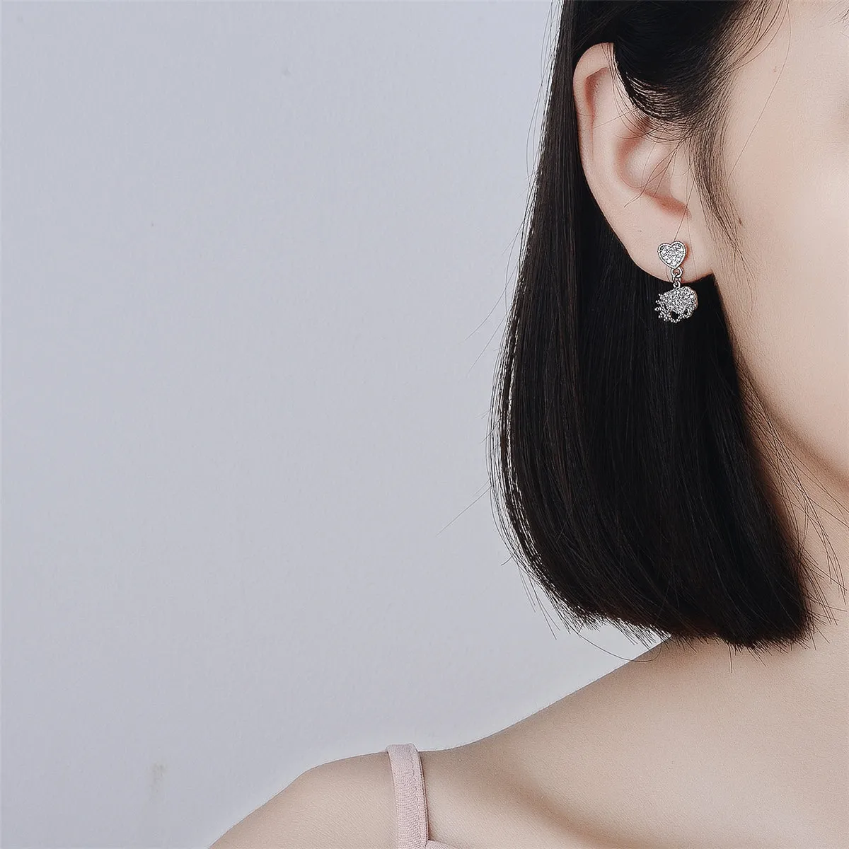 Cubic Zirconia & Silver-Plated Heart Charm Drop Earrings