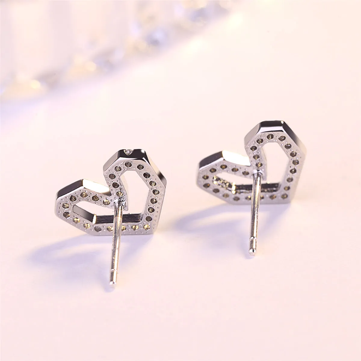 Cubic Zirconia & Silver-Plated Hexagon Heart Stud Earrings