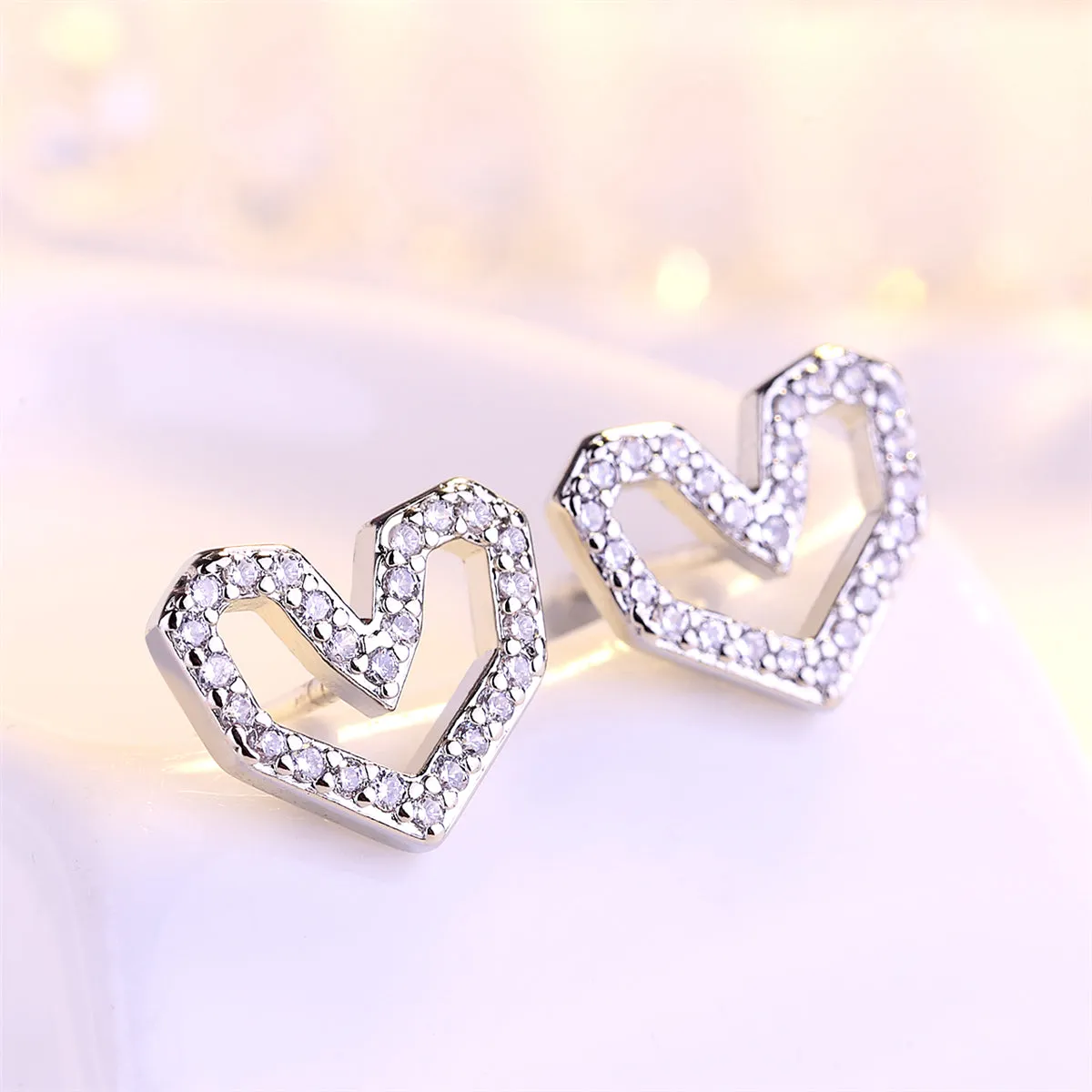 Cubic Zirconia & Silver-Plated Hexagon Heart Stud Earrings
