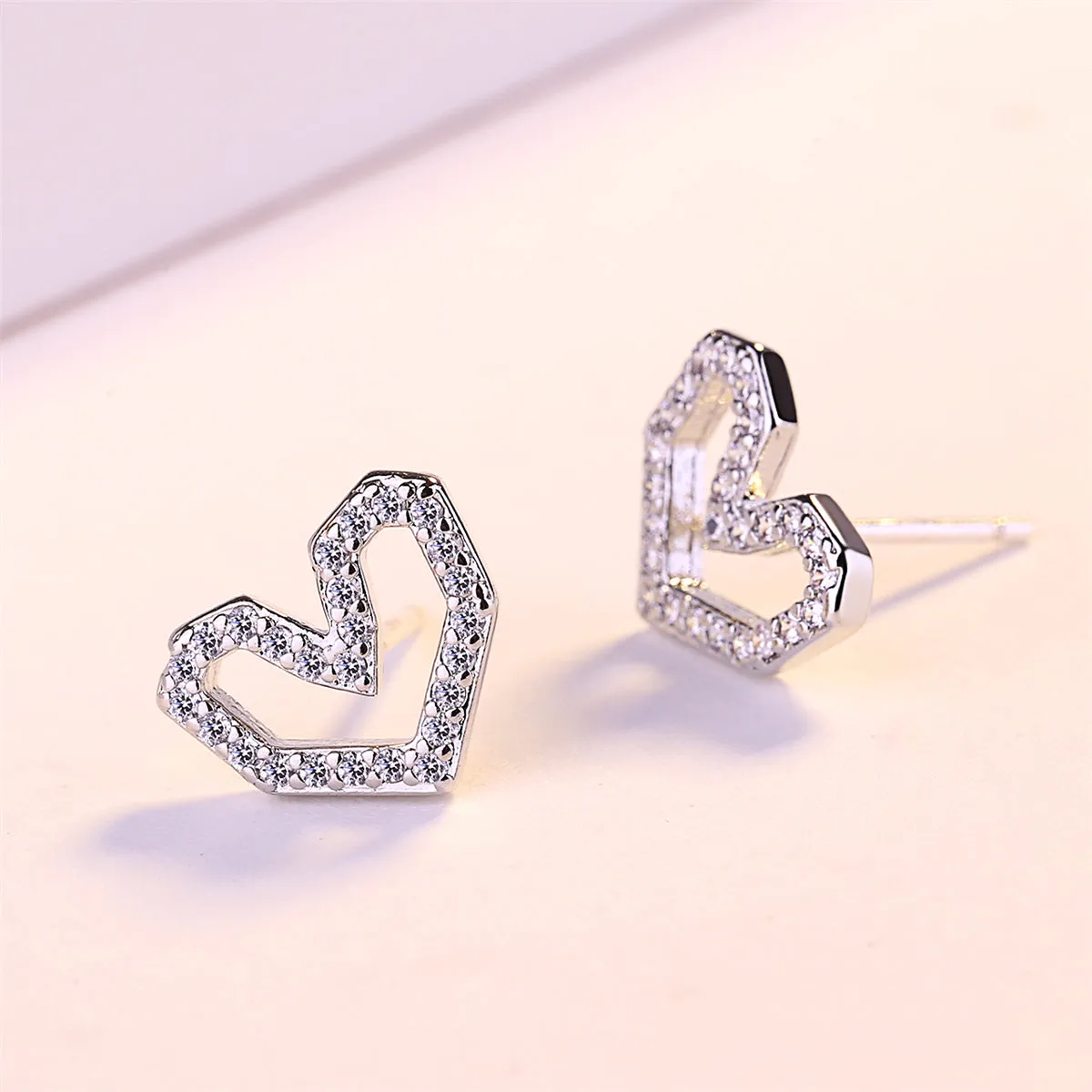Cubic Zirconia & Silver-Plated Hexagon Heart Stud Earrings