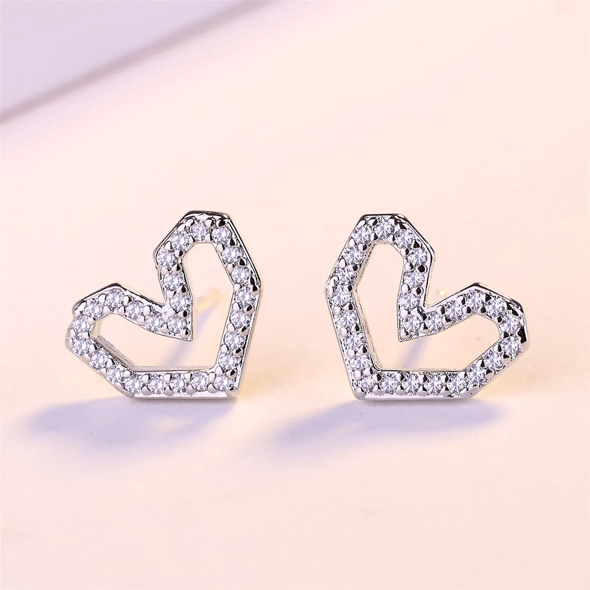 Cubic Zirconia & Silver-Plated Hexagon Heart Stud Earrings