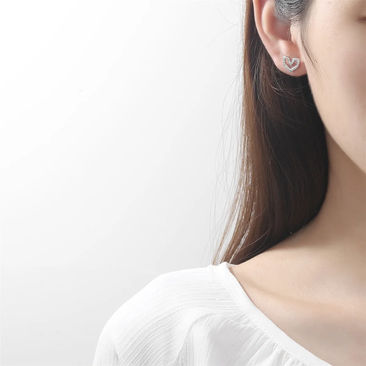 Cubic Zirconia & Silver-Plated Hexagon Heart Stud Earrings