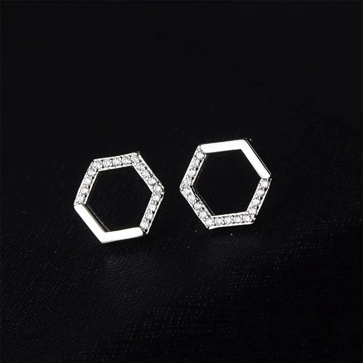 Cubic Zirconia & Silver-Plated Hexagon Stud Earrings