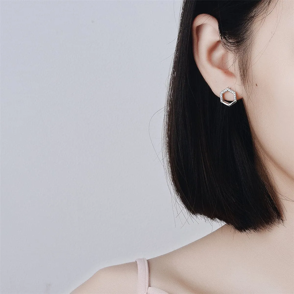 Cubic Zirconia & Silver-Plated Hexagon Stud Earrings