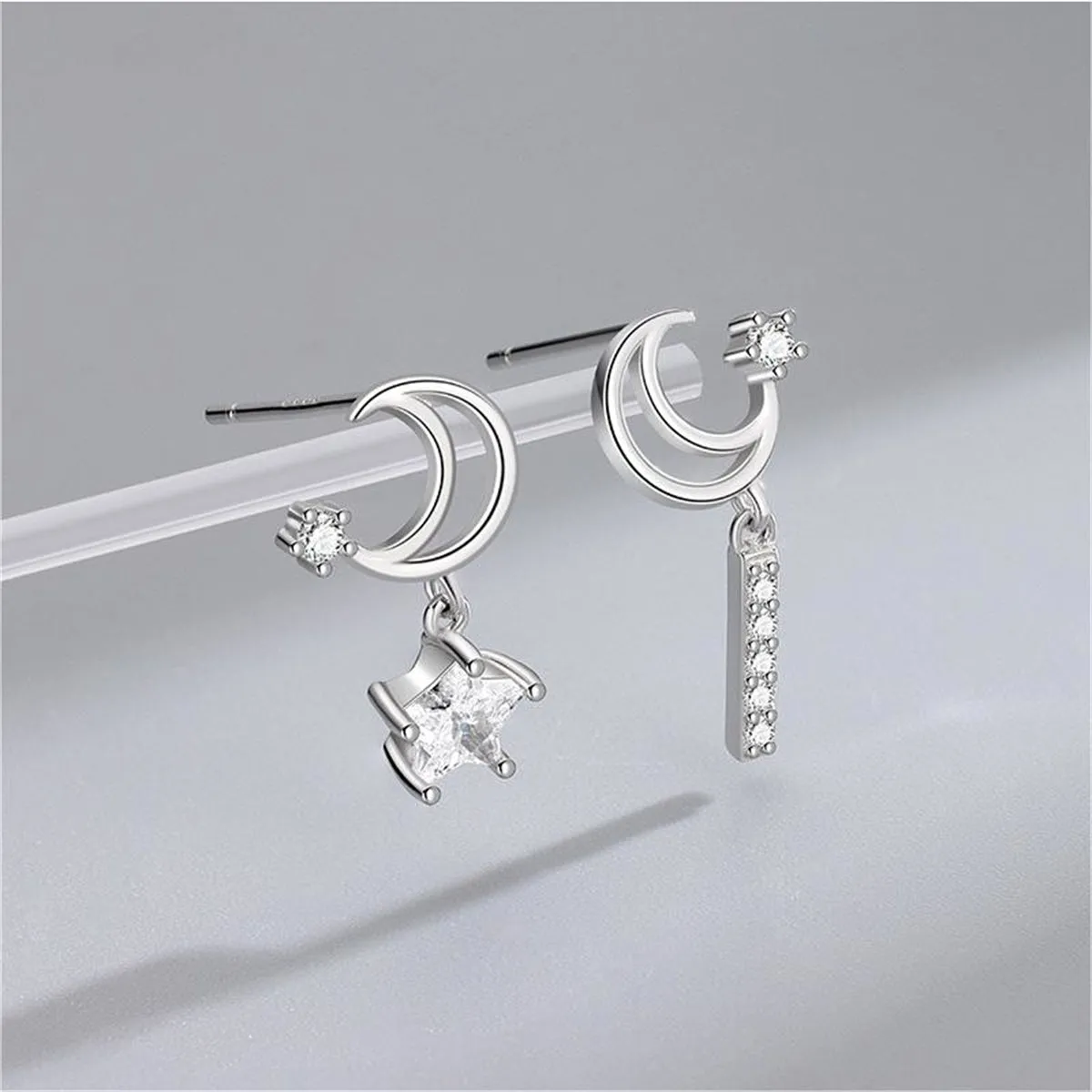 Cubic Zirconia & Silver-Plated Moon & Star Drop Earrings