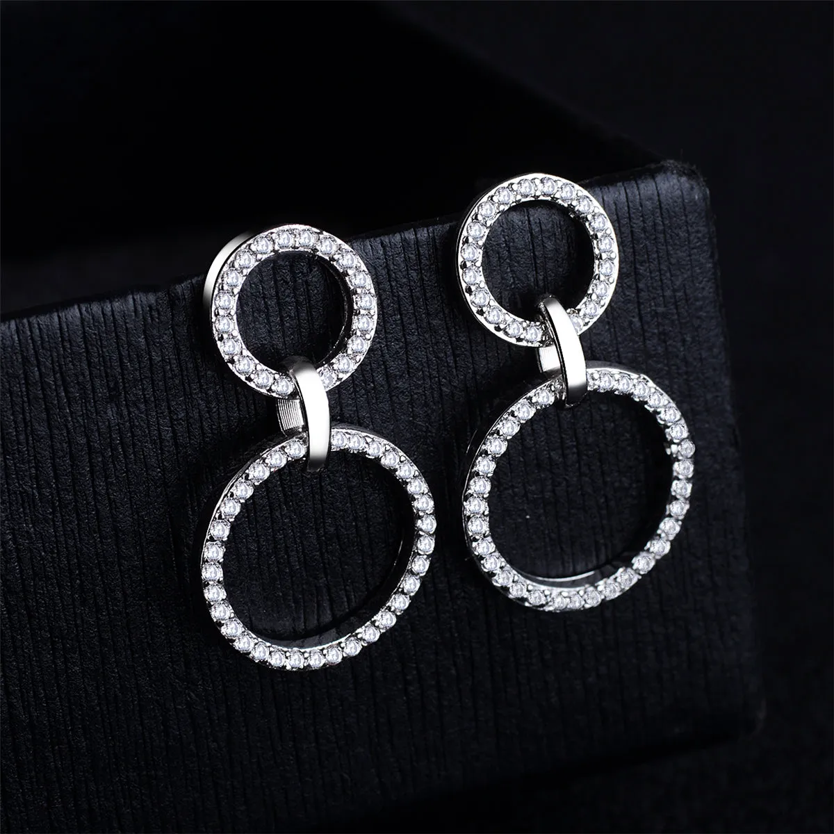 Cubic Zirconia & Silver-Plated Open Double-Ring Drop Earrings