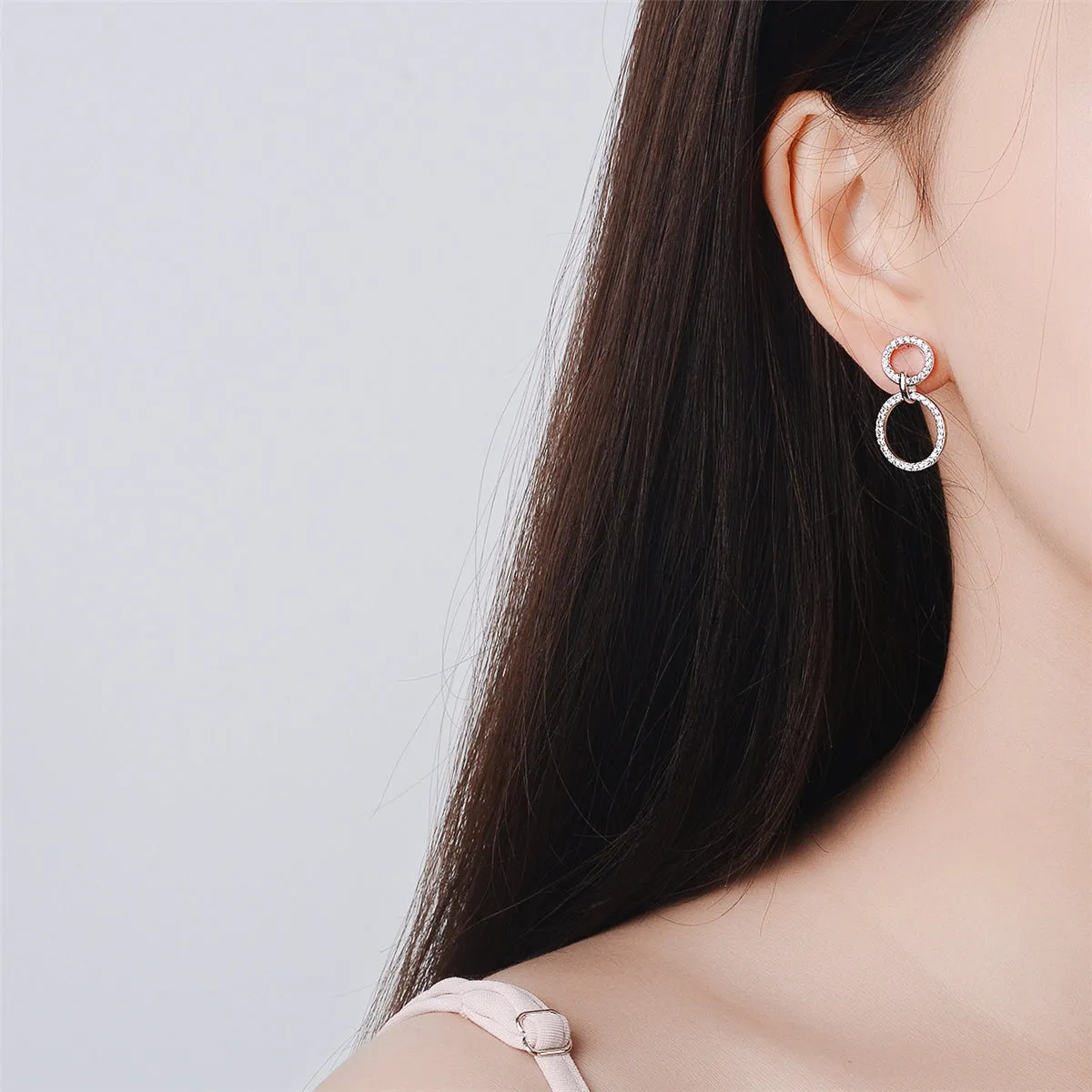 Cubic Zirconia & Silver-Plated Open Double-Ring Drop Earrings