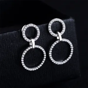 Cubic Zirconia & Silver-Plated Open Double-Ring Drop Earrings
