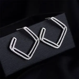 Cubic Zirconia & Silver-Plated Open Layered Rhombus Stud Earrings