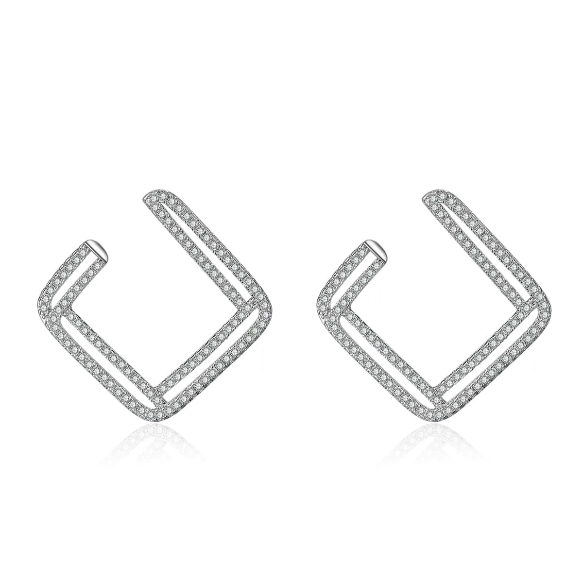 Cubic Zirconia & Silver-Plated Open Layered Rhombus Stud Earrings