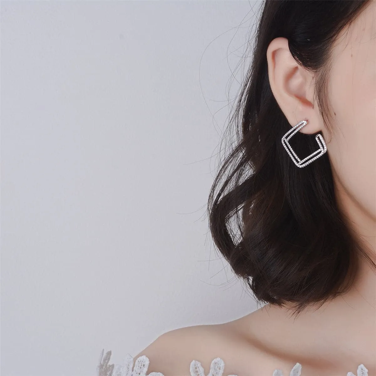 Cubic Zirconia & Silver-Plated Open Layered Rhombus Stud Earrings