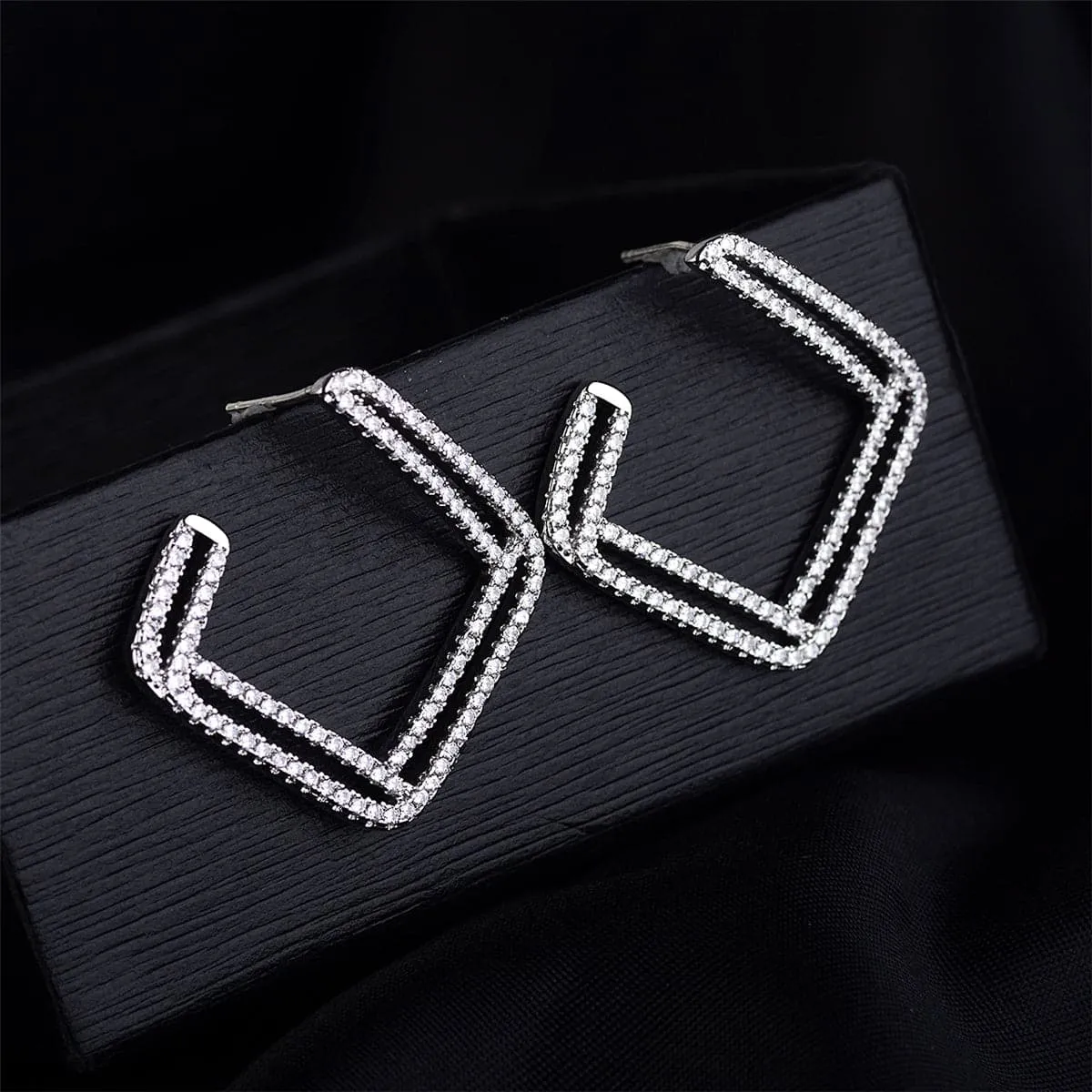 Cubic Zirconia & Silver-Plated Open Layered Rhombus Stud Earrings