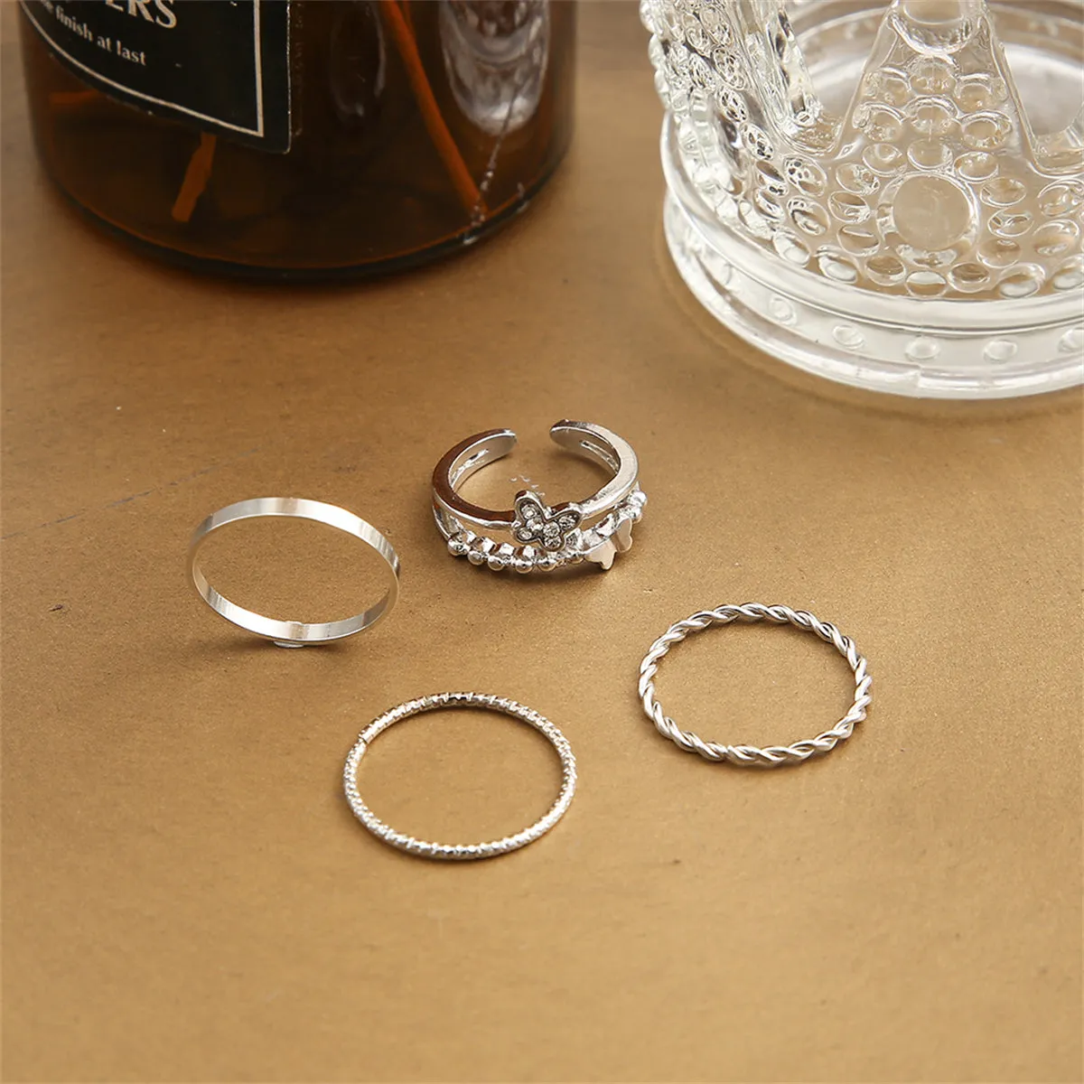Cubic Zirconia & Silver-Plated Openwork Butterfly Twine Ring Set