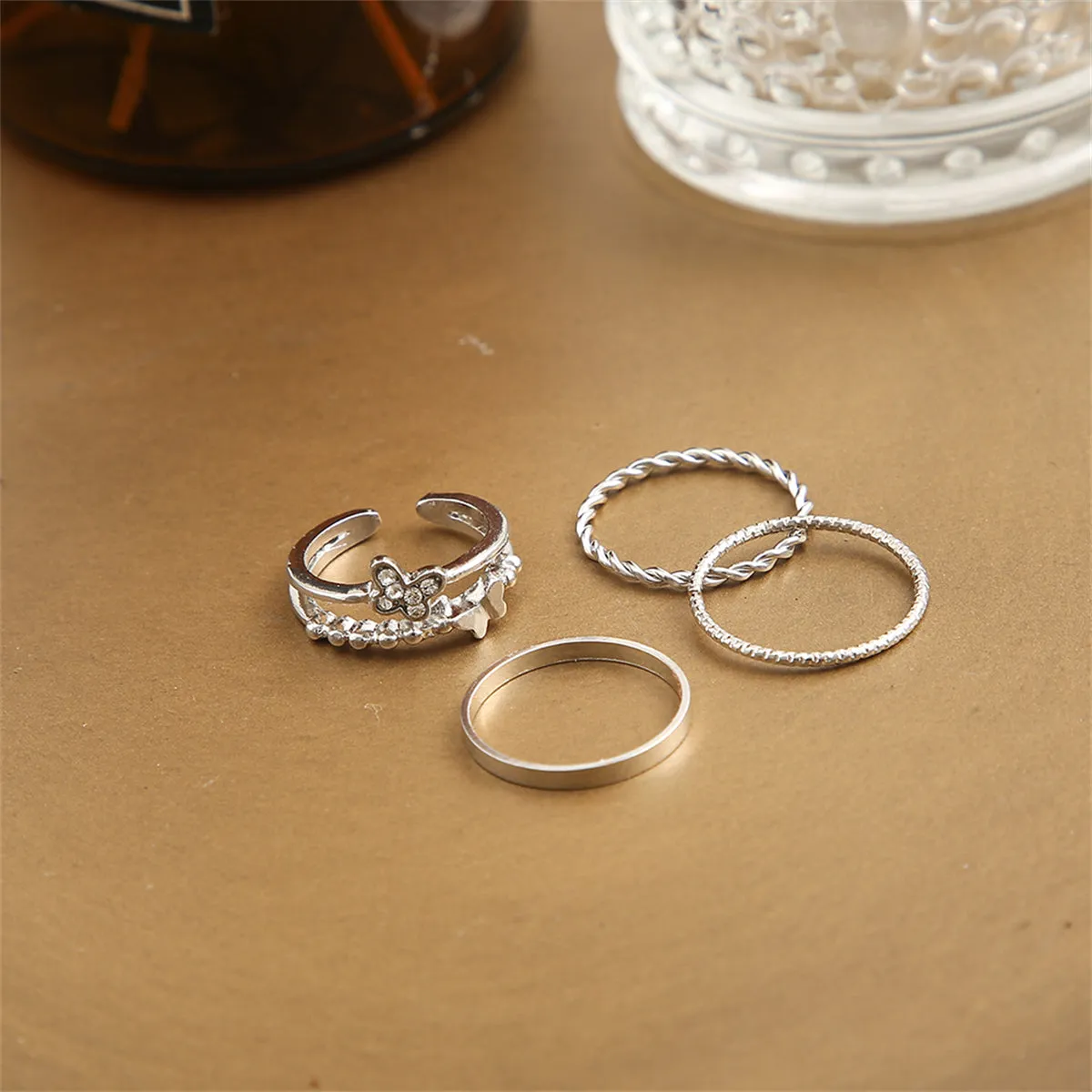 Cubic Zirconia & Silver-Plated Openwork Butterfly Twine Ring Set