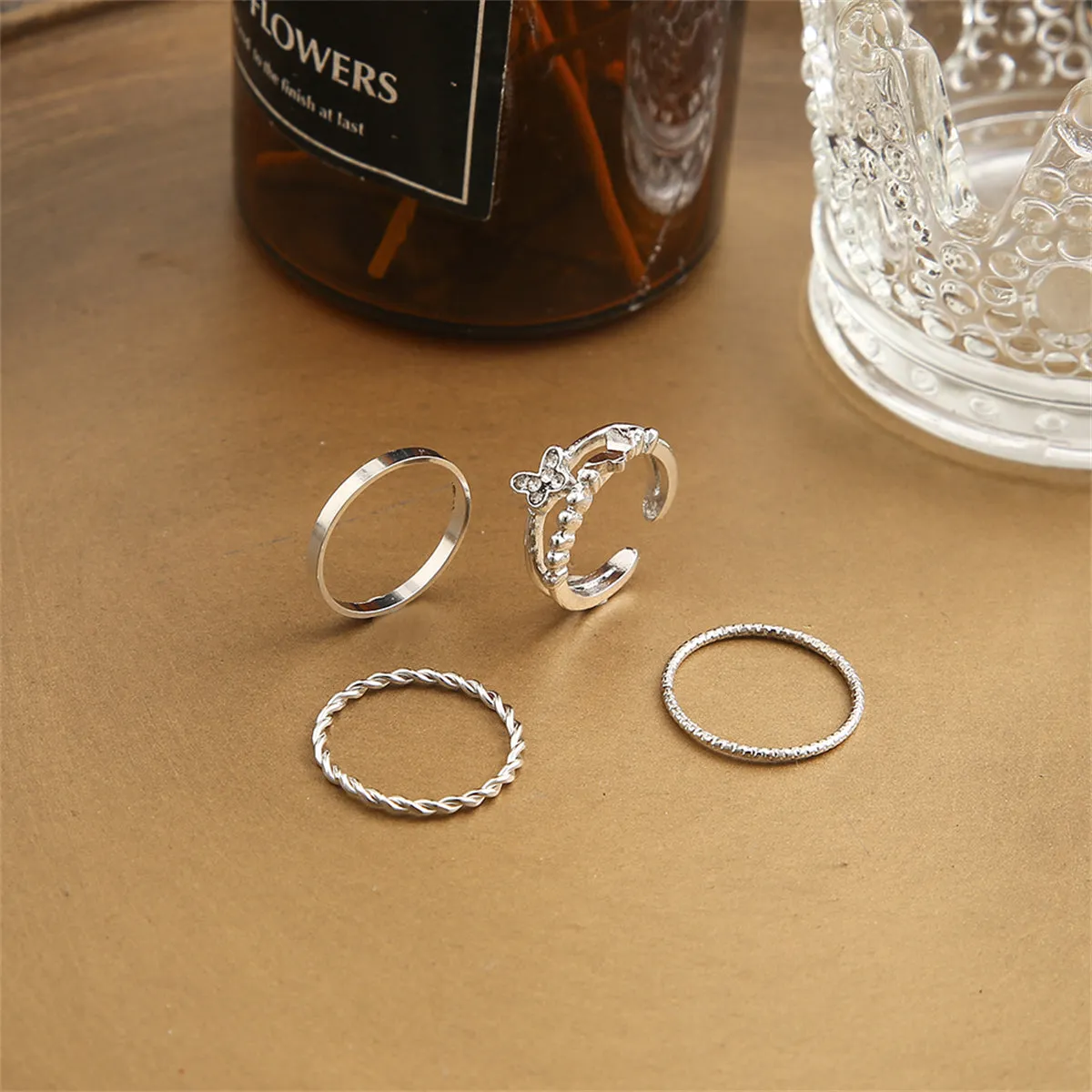 Cubic Zirconia & Silver-Plated Openwork Butterfly Twine Ring Set