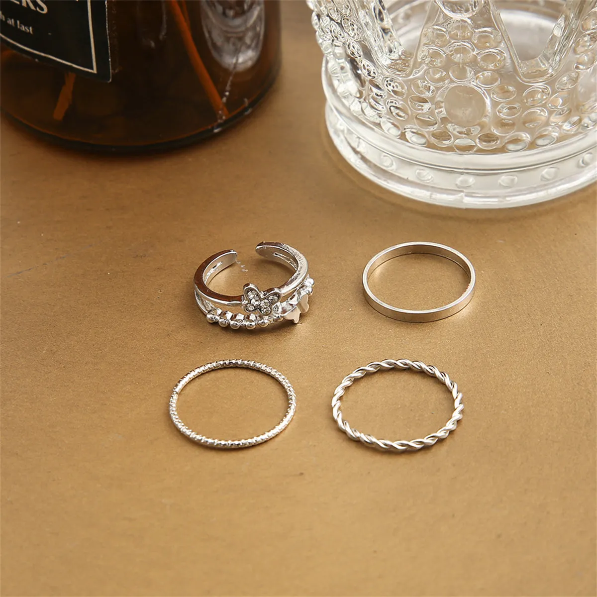 Cubic Zirconia & Silver-Plated Openwork Butterfly Twine Ring Set