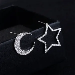 Cubic Zirconia & Silver-Plated Openwork Star & Moon Stud Earrings