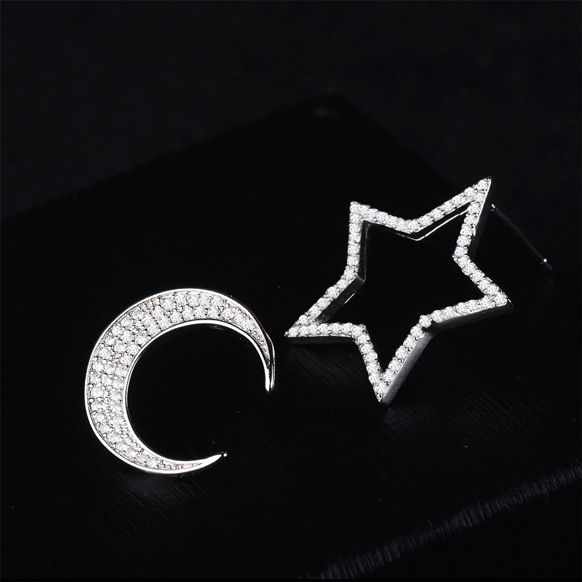 Cubic Zirconia & Silver-Plated Openwork Star & Moon Stud Earrings