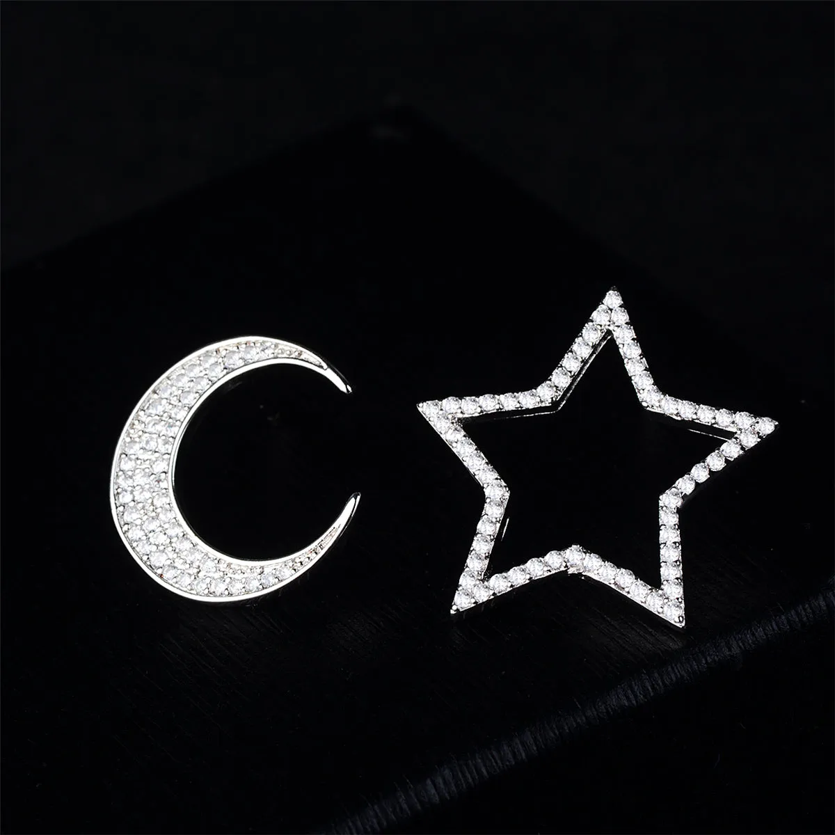 Cubic Zirconia & Silver-Plated Openwork Star & Moon Stud Earrings
