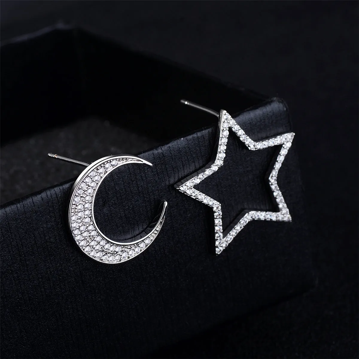Cubic Zirconia & Silver-Plated Openwork Star & Moon Stud Earrings