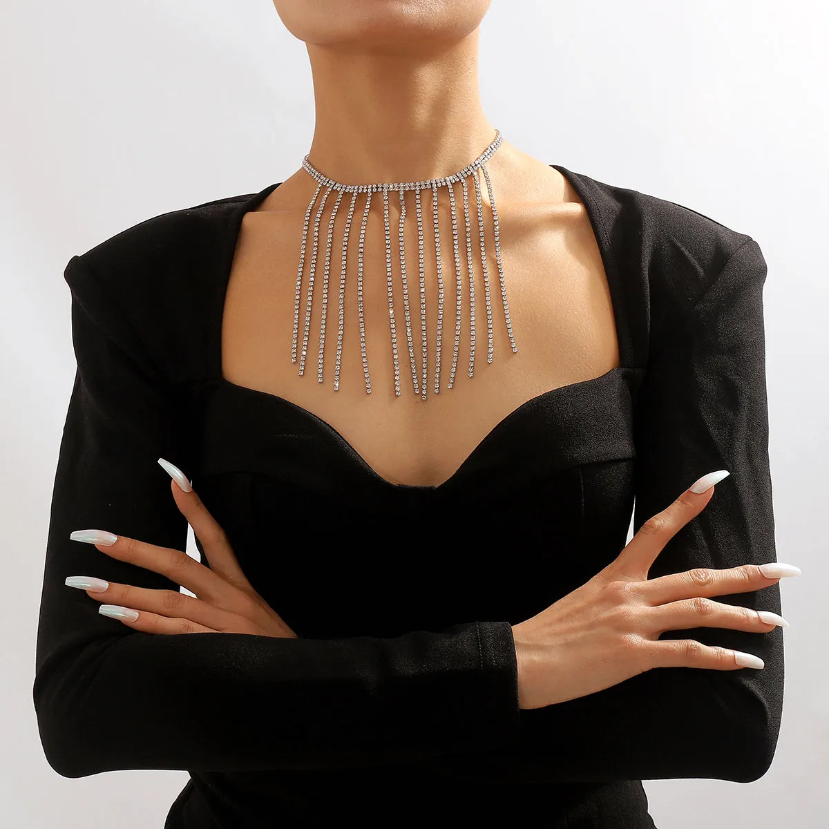 Cubic Zirconia & Silver-Plated Tassel Choker