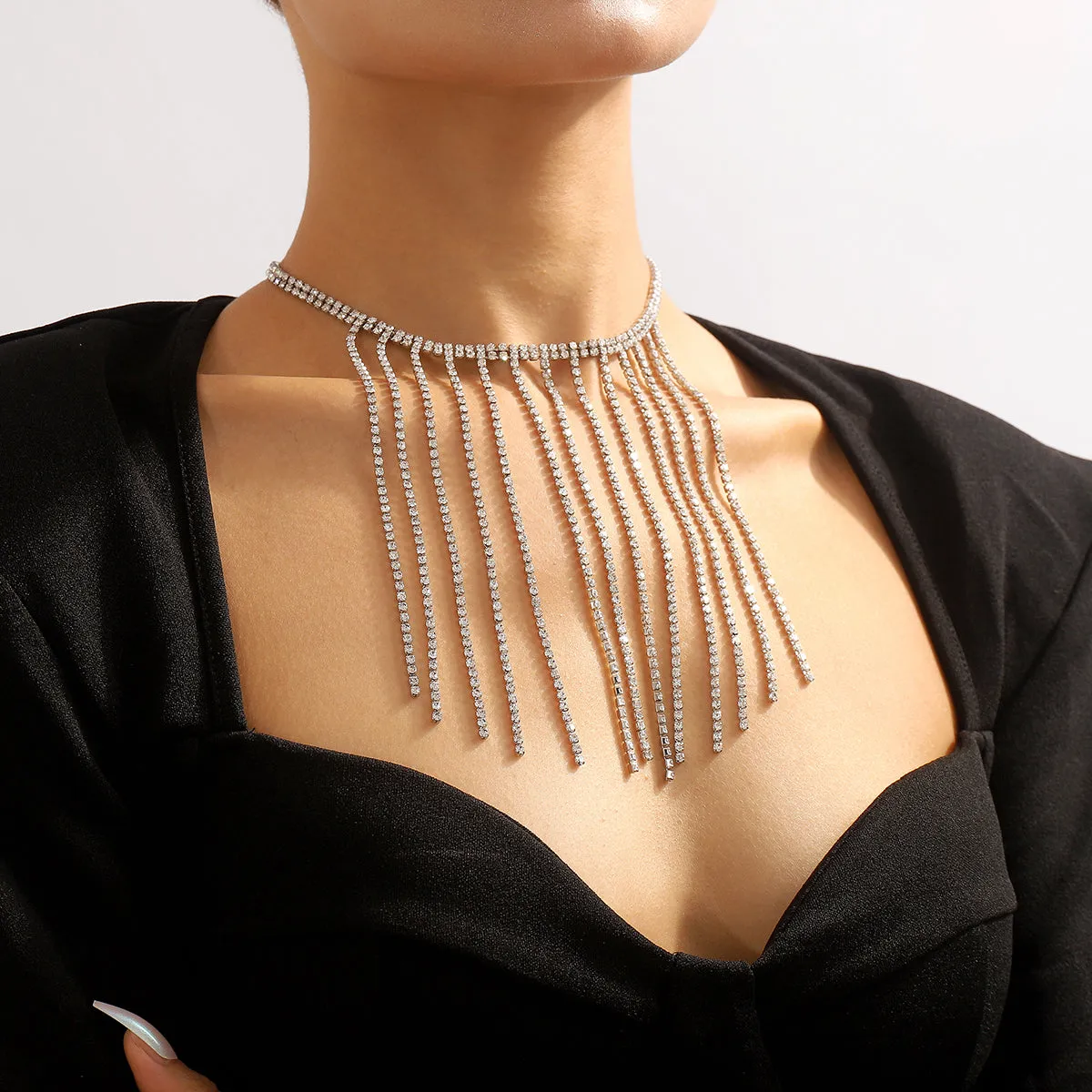 Cubic Zirconia & Silver-Plated Tassel Choker