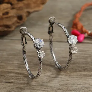 Cubic Zirconia & Silver-Plated Textured Hoop Earrings