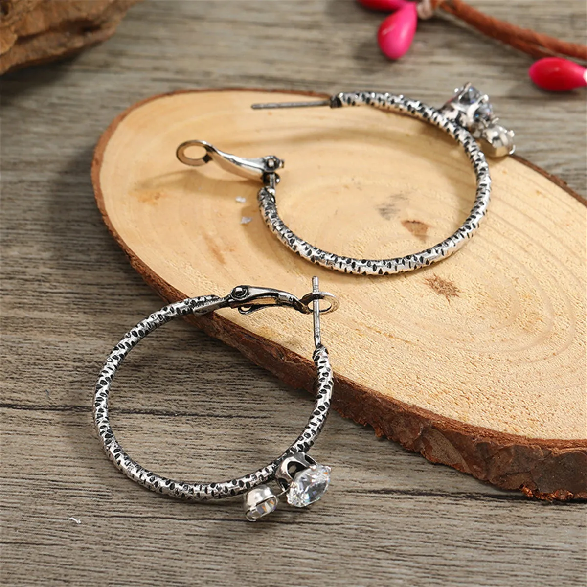 Cubic Zirconia & Silver-Plated Textured Hoop Earrings
