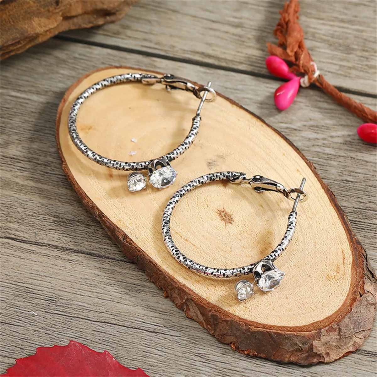 Cubic Zirconia & Silver-Plated Textured Hoop Earrings
