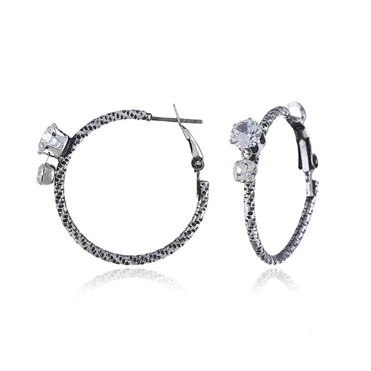 Cubic Zirconia & Silver-Plated Textured Hoop Earrings