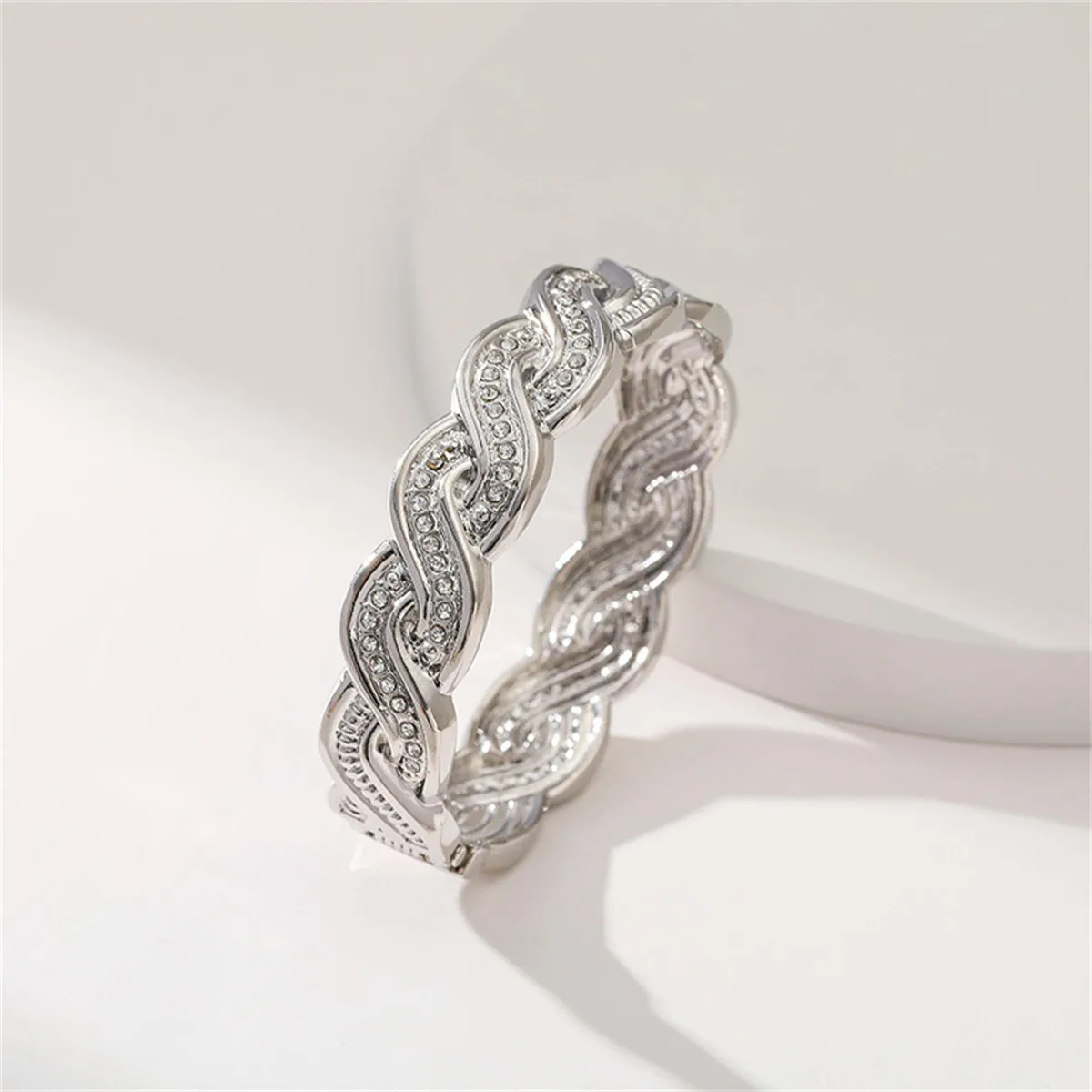 Cubic Zirconia & Silver-Plated Twine Hinge Bangle