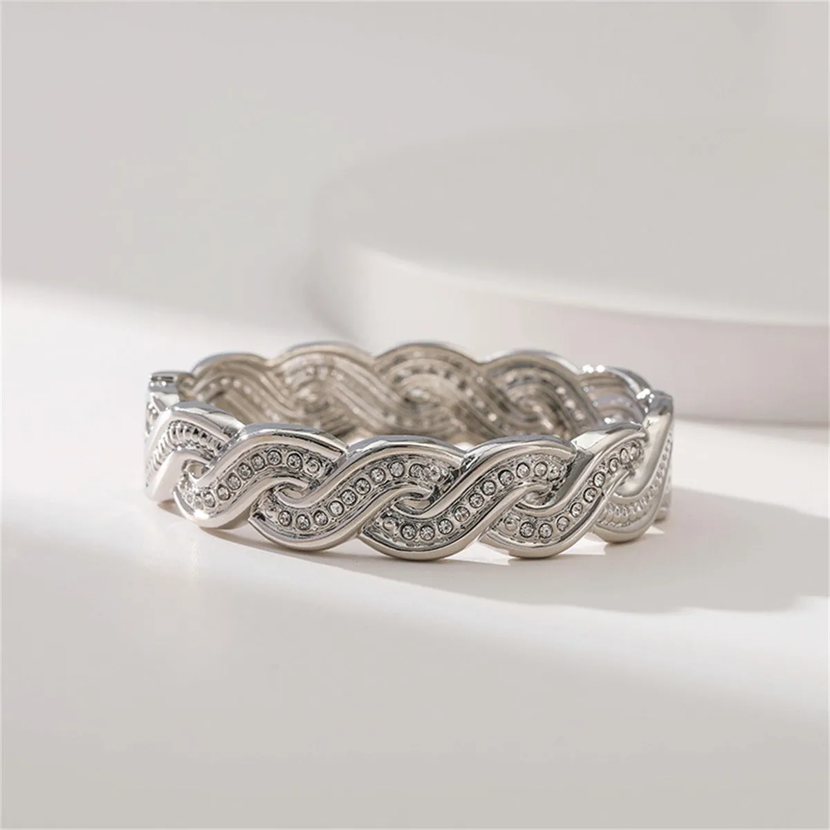 Cubic Zirconia & Silver-Plated Twine Hinge Bangle