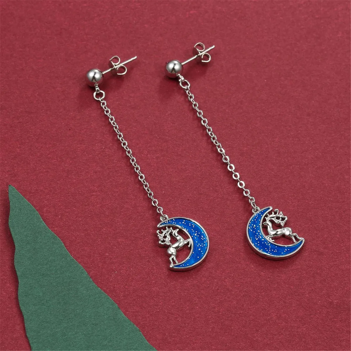 Cubic Zirconia & Sterling Silver Reindeer Moon Drop Earrings